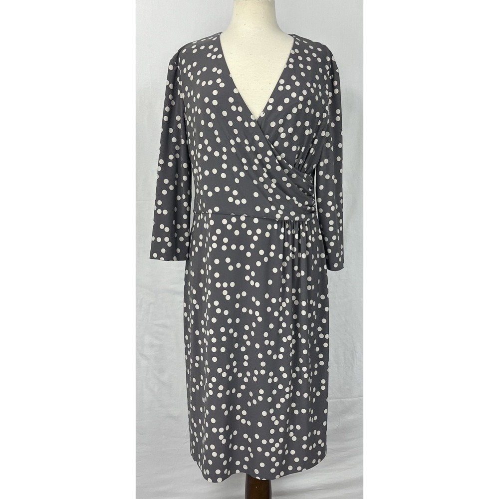 Anne Klein Gray White Polka Dot Faux Wrap Sheath Dress 3/4 Sleeve 14 W02MY44379